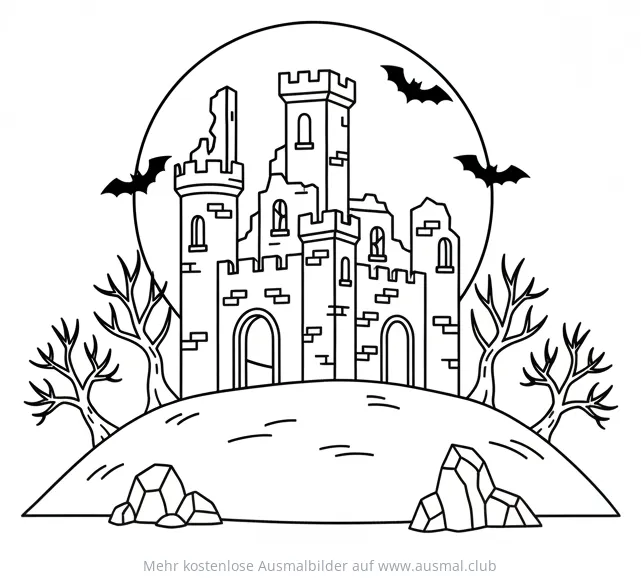 Burgruine Ausmalbild mit Fledermäusen und Vollmond