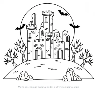 Burgruine Ausmalbild mit Fledermäusen und Vollmond