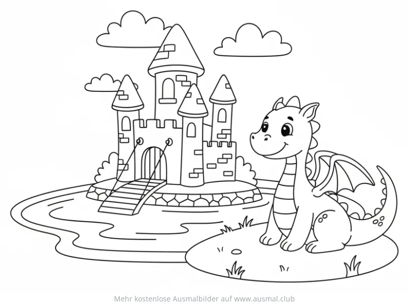 Drachenburg Ausmalbild mit freundlichem Drachen