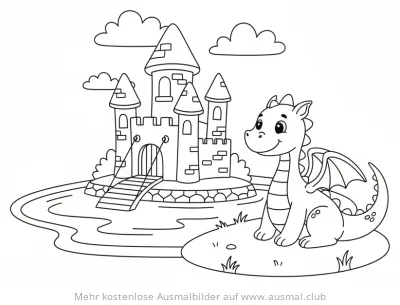 Drachenburg Ausmalbild mit freundlichem Drachen