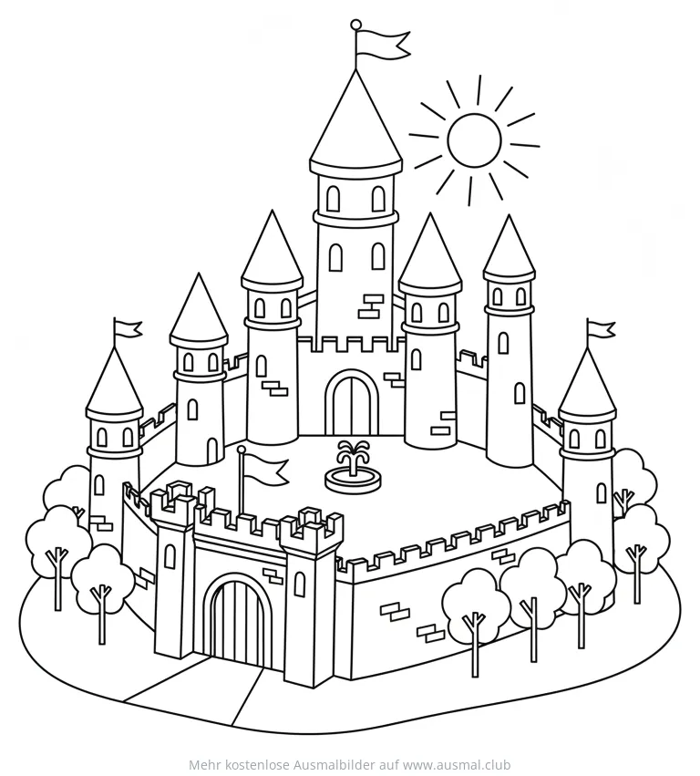 Großes Schloss Ausmalbild mit Türmen und Fahnen
