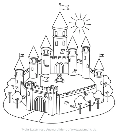 Großes Schloss Ausmalbild mit Türmen und Fahnen