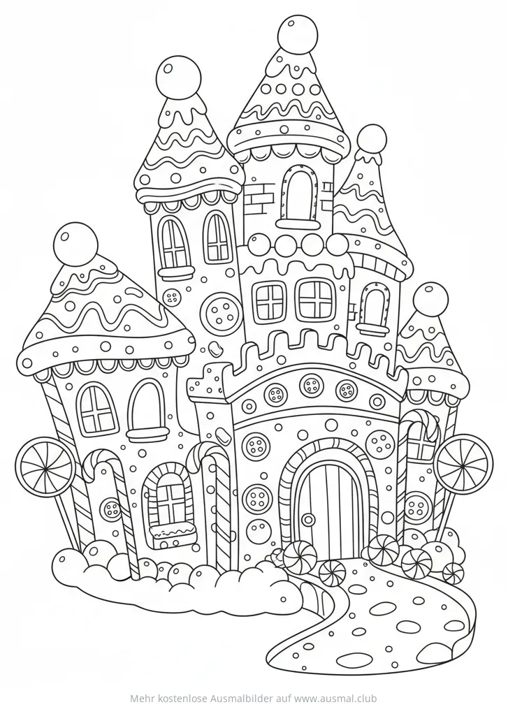 Zuckerschloss Ausmalbild mit Süßigkeiten und Zuckerstangen