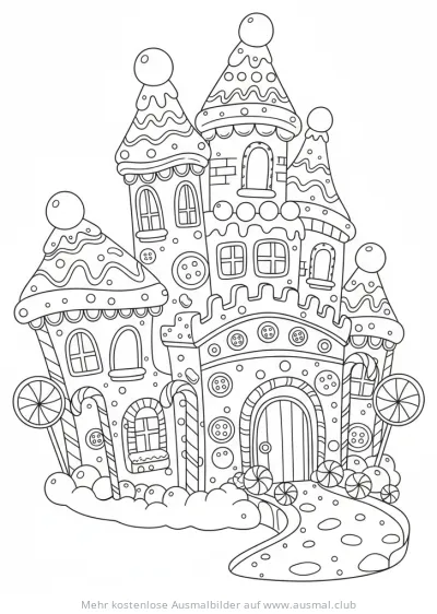 Zuckerschloss Ausmalbild mit Süßigkeiten und Zuckerstangen