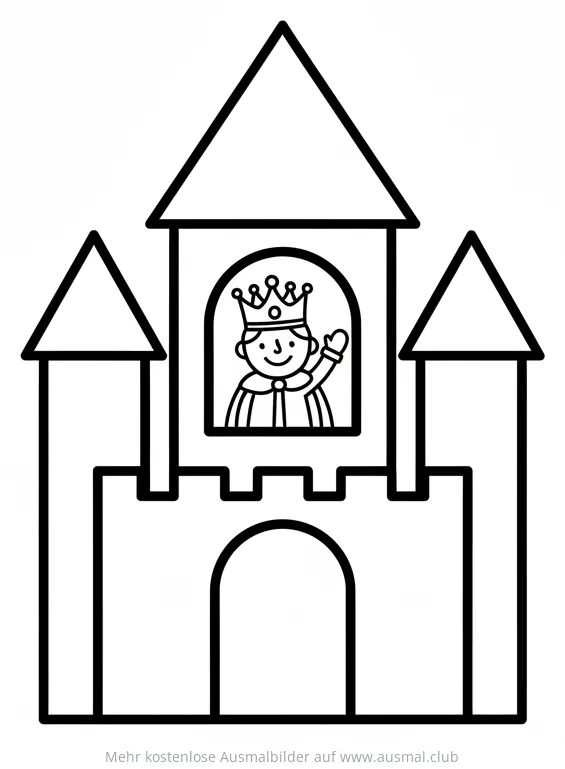 König winkt aus Schlossfenster Ausmalbild