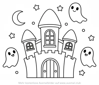 Geisterschloss mit Geistern und Sternen Ausmalbild