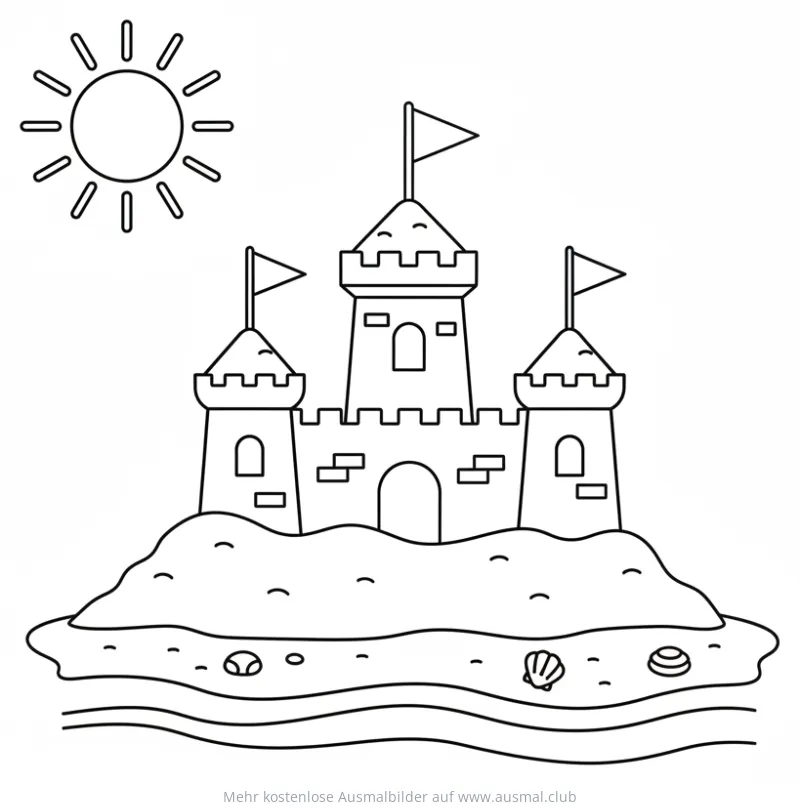 Sandburg Ausmalbild am Strand mit Muscheln