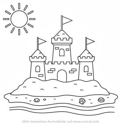 Sandburg Ausmalbild am Strand mit Muscheln