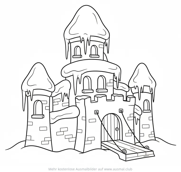 Winterschloss mit Schnee und Eiszapfen Ausmalbild