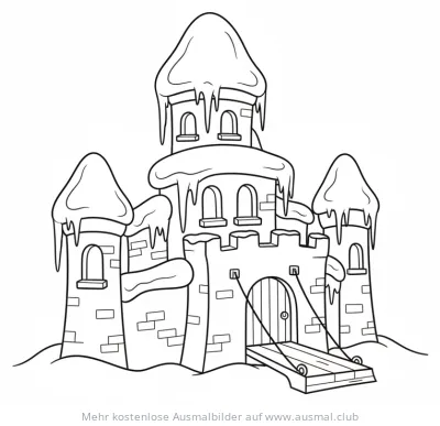 Winterschloss mit Schnee und Eiszapfen Ausmalbild