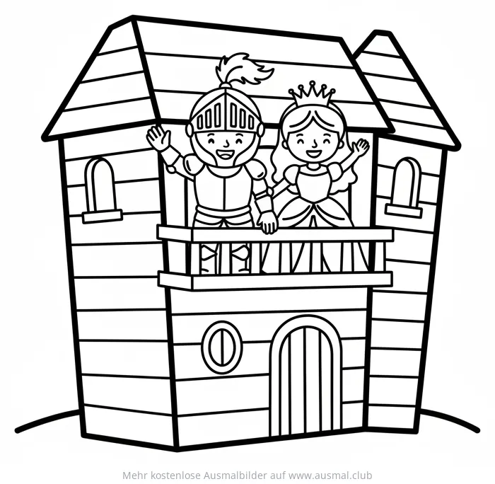 Holzburg mit Ritter und Prinzessin Ausmalbild