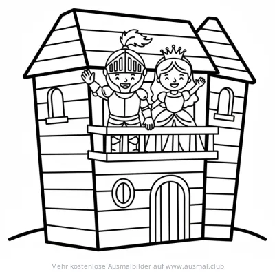 Holzburg mit Ritter und Prinzessin Ausmalbild
