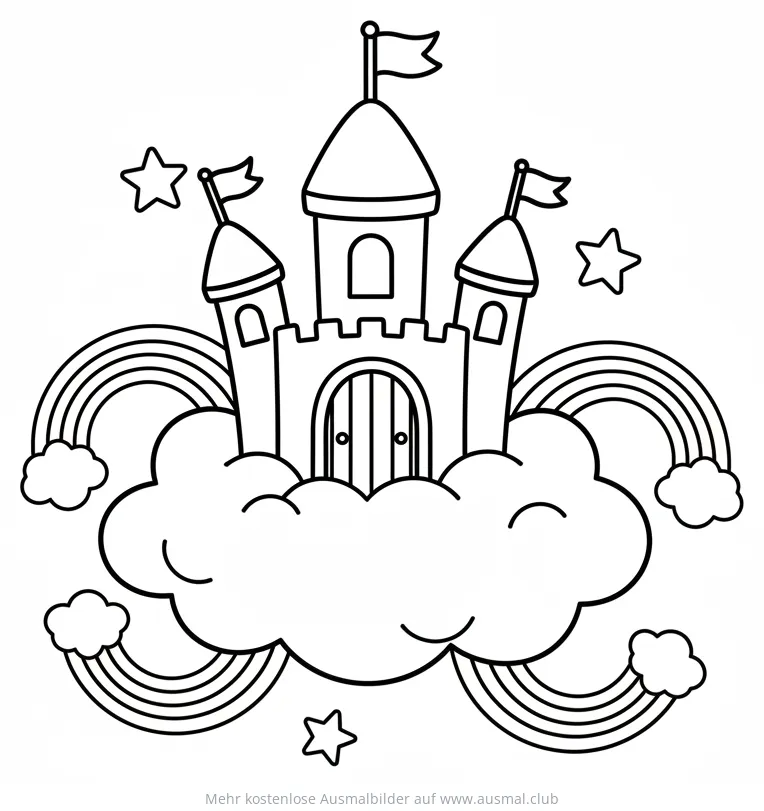 Wolkenburg mit Regenbögen und Sternen Ausmalbild