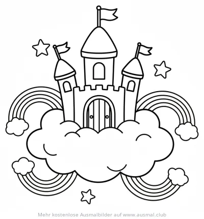 Wolkenburg mit Regenbögen und Sternen Ausmalbild