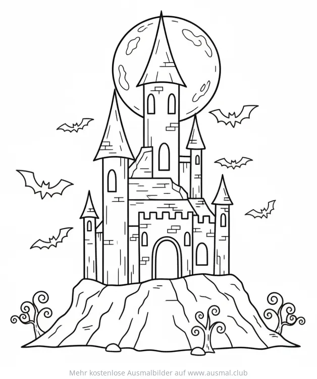 Spukschloss auf Hügel mit Fledermäusen Ausmalbild