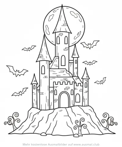 Spukschloss auf Hügel mit Fledermäusen Ausmalbild