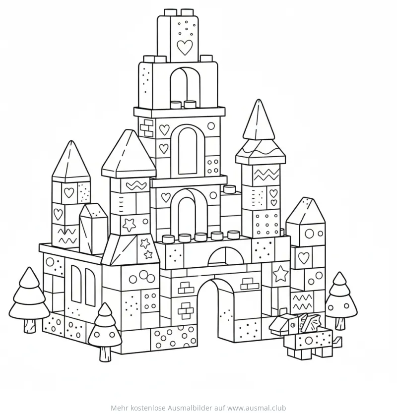 Bausteinburg Ausmalbild mit Bäumen und einem kleinen Hund