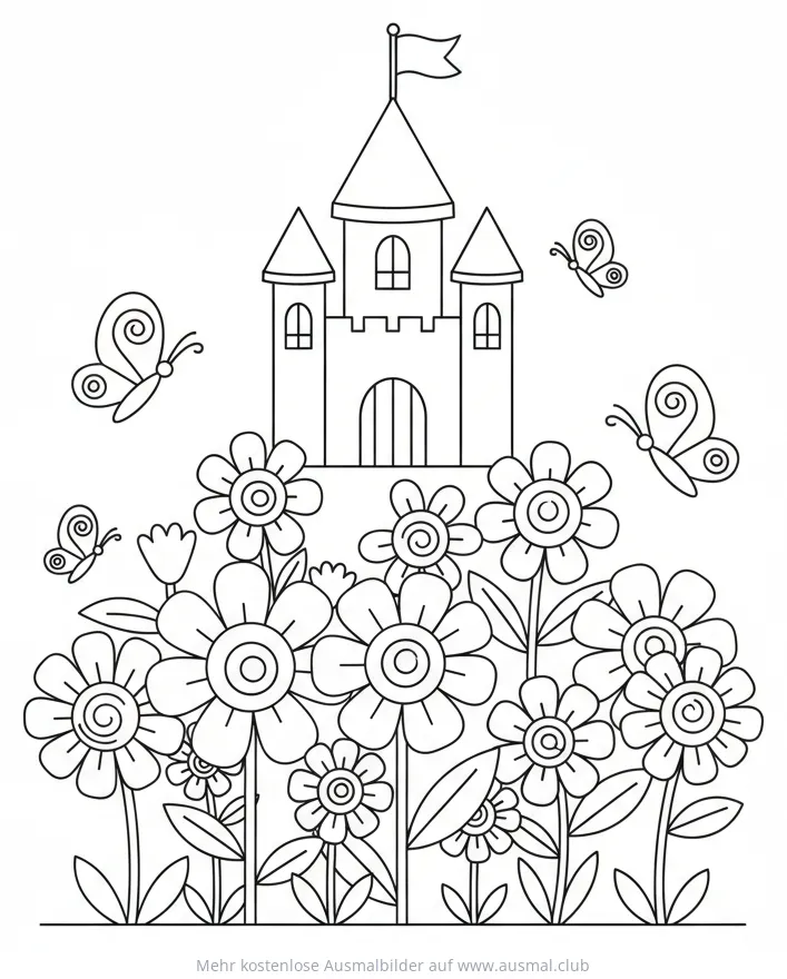 Blumenschloss Ausmalbild mit Schmetterlingen und Blumen