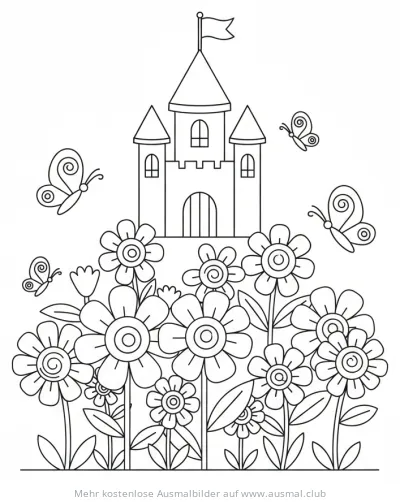 Blumenschloss Ausmalbild mit Schmetterlingen und Blumen