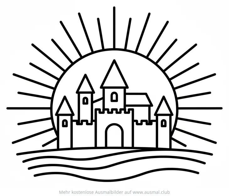 Schloss Silhouette Ausmalbild mit Sonne und Wellen