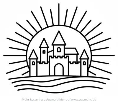 Schloss Silhouette Ausmalbild mit Sonne und Wellen