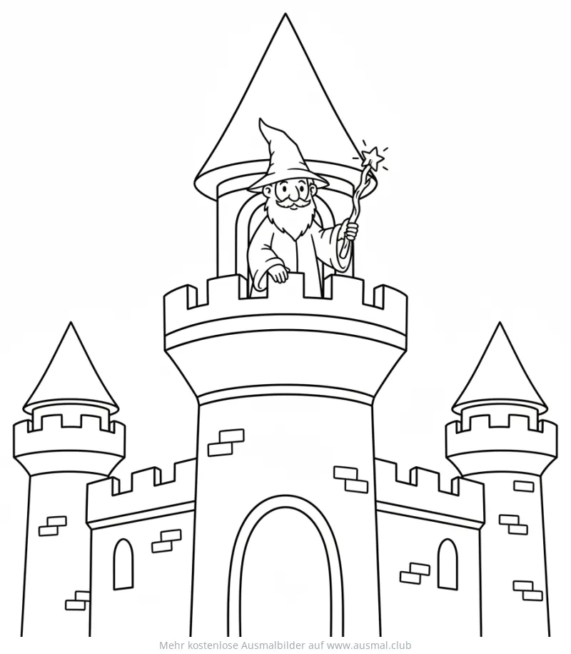 Zauberer in Burgturm Ausmalbild