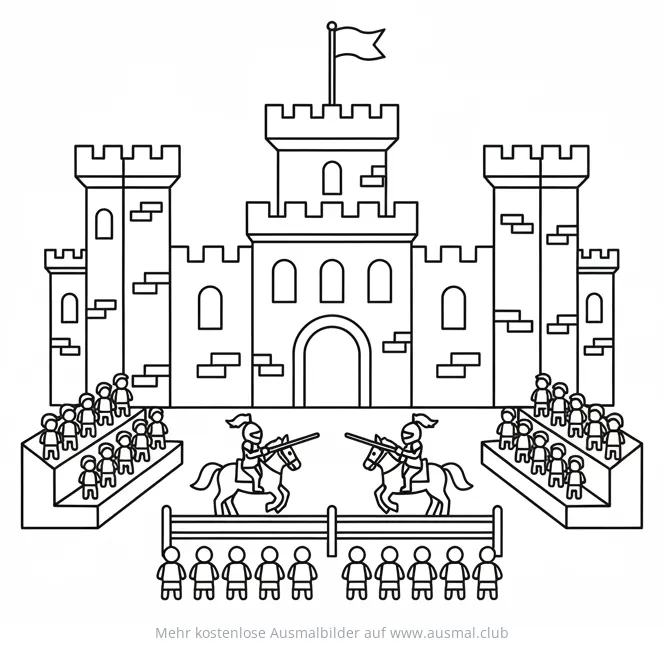 Turnierburg mit Rittern und Zuschauern Ausmalbild