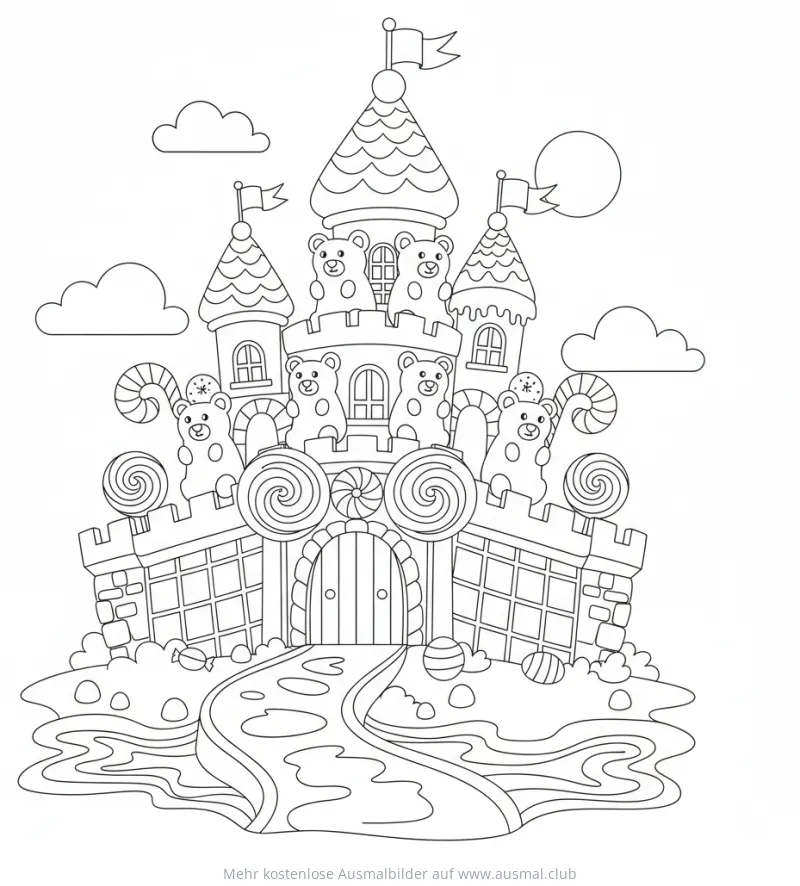 Süßigkeitenburg mit Teddybären Ausmalbild