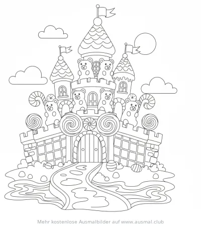 Süßigkeitenburg mit Teddybären Ausmalbild