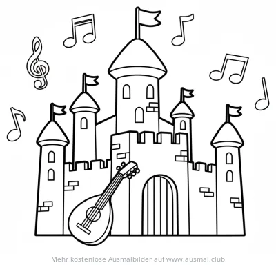 Musikschloss mit Noten und Saiteninstrument Ausmalbild