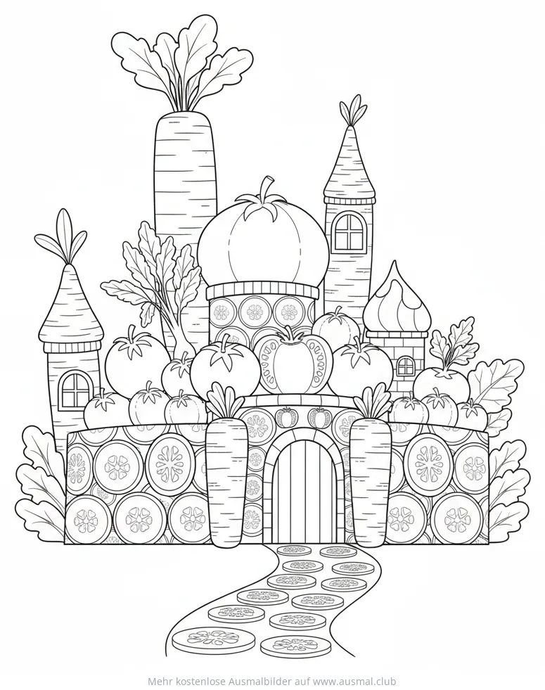 Gemüsegartenburg Ausmalbild mit Karotten, Tomaten und Kürbis