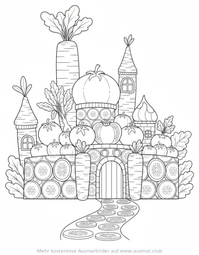 Gemüsegartenburg Ausmalbild mit Karotten, Tomaten und Kürbis