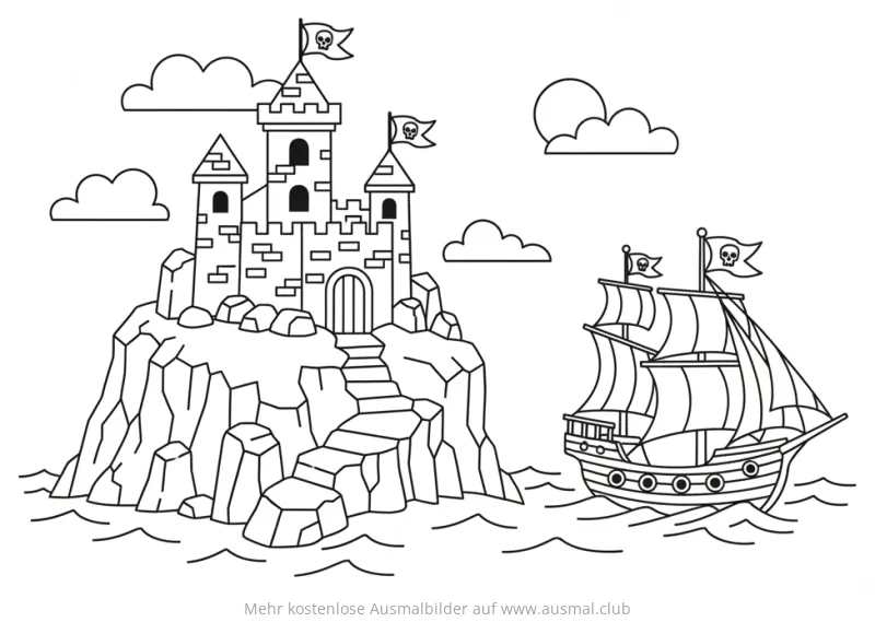 Piratenburg auf Felseninsel mit Piratenschiff Ausmalbild