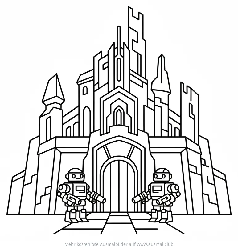 Roboterburg Ausmalbild mit zwei Robotern vor dem Tor