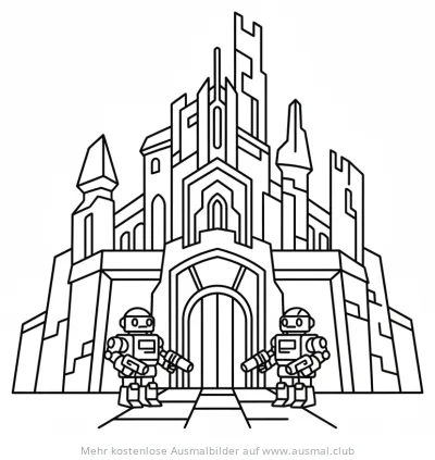 Roboterburg Ausmalbild mit zwei Robotern vor dem Tor