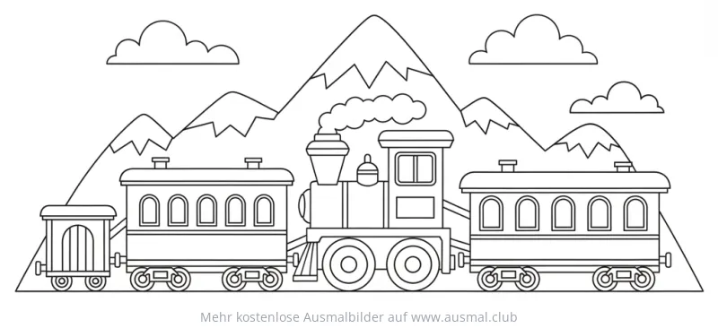 Dampflokomotive mit Waggons vor Berglandschaft Ausmalbild