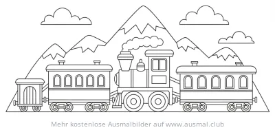 Dampflokomotive mit Waggons vor Berglandschaft Ausmalbild