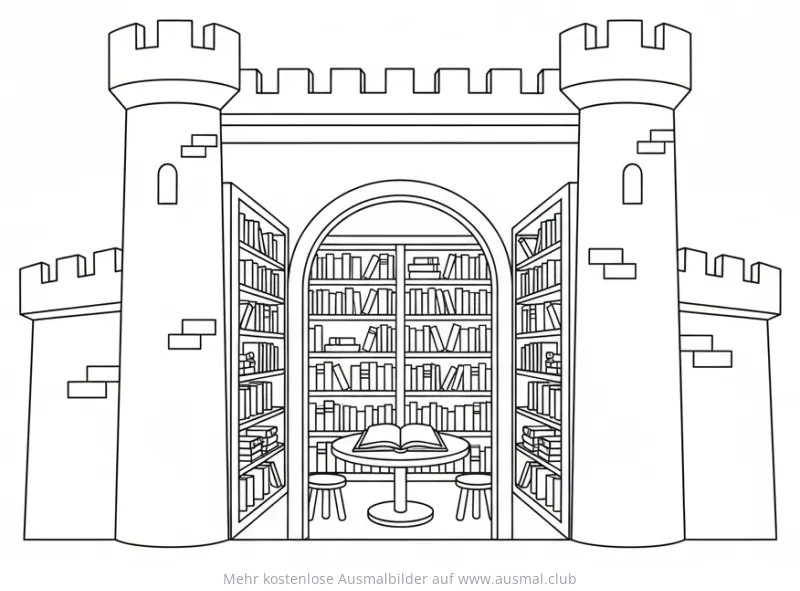 Bibliotheksburg Ausmalbild mit Bibliothek und Tisch