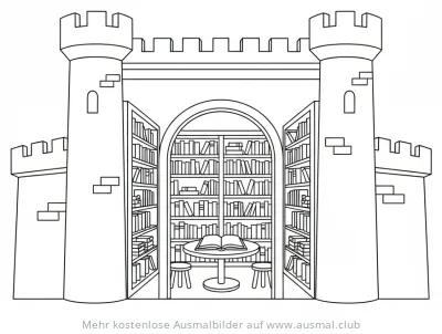 Bibliotheksburg Ausmalbild mit Bibliothek und Tisch