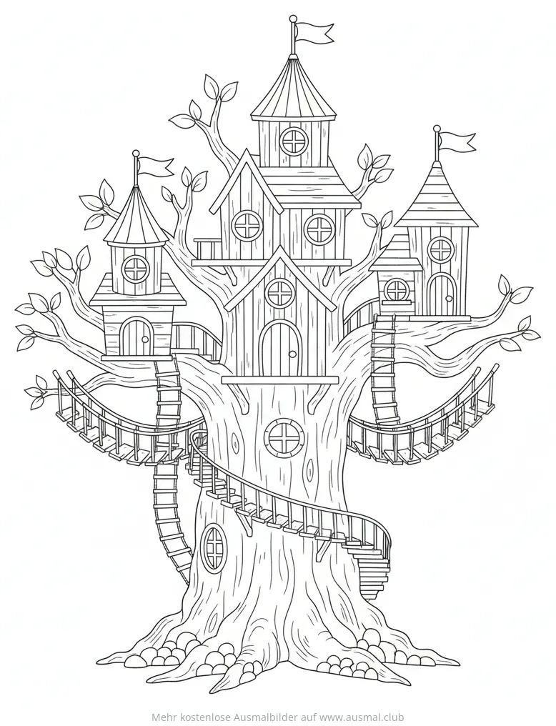 Baumhausburg Ausmalbild mit Türmen, Brücken und Leitern