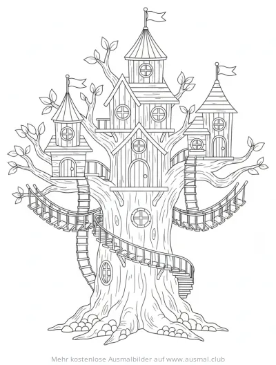 Baumhausburg Ausmalbild mit Türmen, Brücken und Leitern