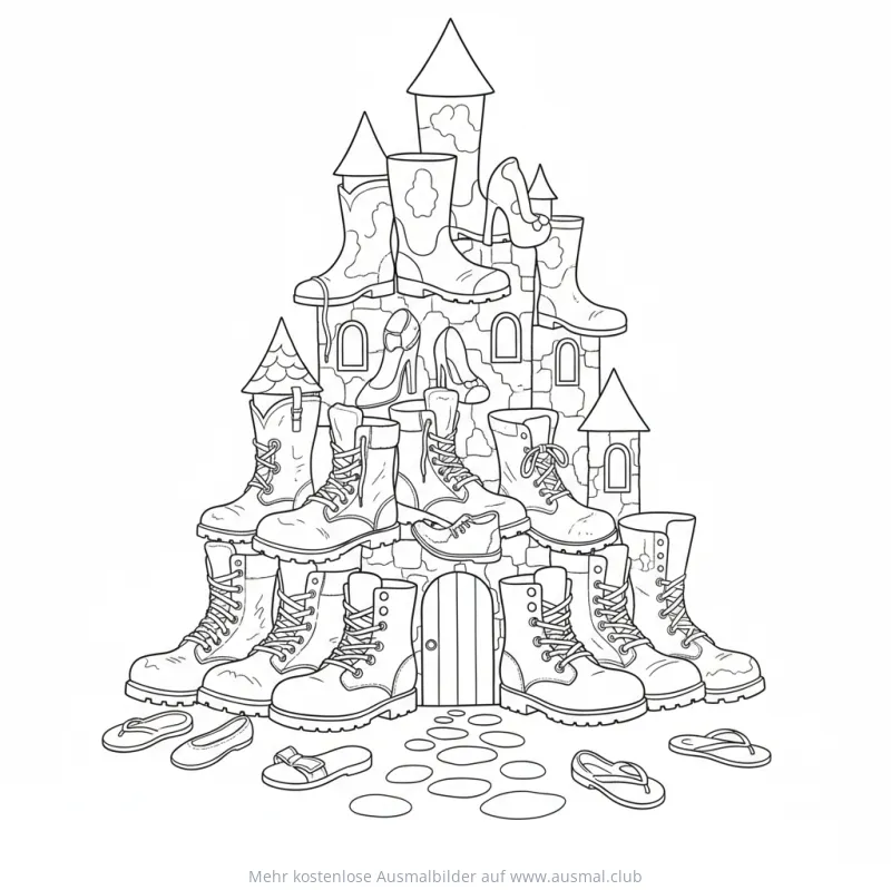Schuhburg Ausmalbild mit verschiedenen Schuhen als Schlossmauern