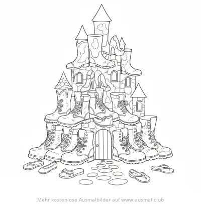Schuhburg Ausmalbild mit verschiedenen Schuhen als Schlossmauern