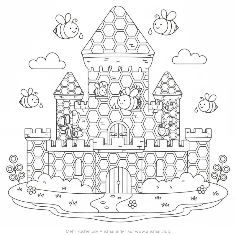 Honigwabenburg Ausmalbild mit Bienen