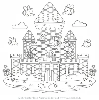 Honigwabenburg Ausmalbild mit Bienen