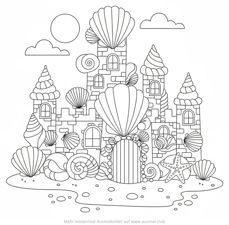 Muschelburg Ausmalbild mit Seestern, Muscheln und Schneckenhäusern