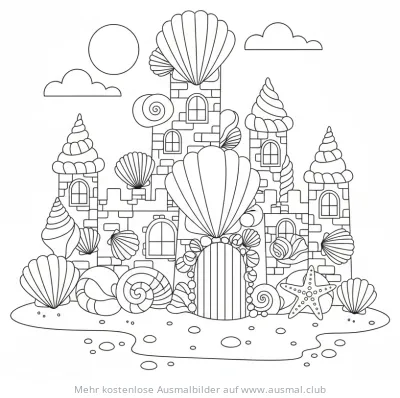 Muschelburg Ausmalbild mit Seestern, Muscheln und Schneckenhäusern