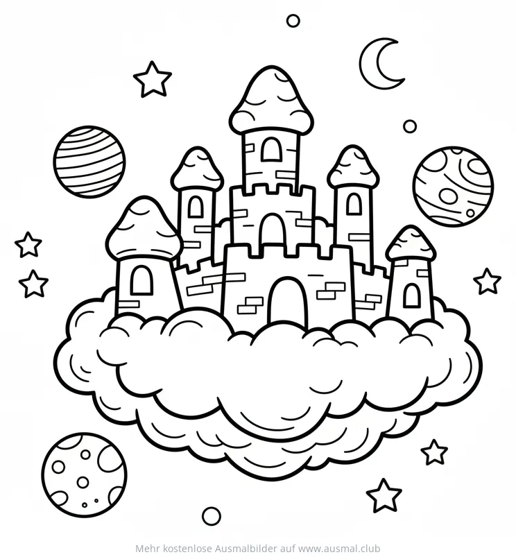 Wolkenburg Ausmalbild mit Sternen, Mond und Planeten