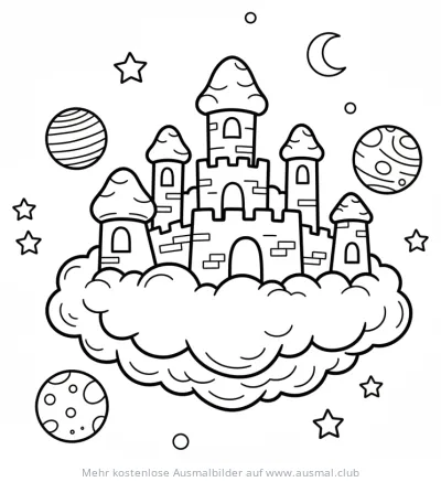 Wolkenburg Ausmalbild mit Sternen, Mond und Planeten