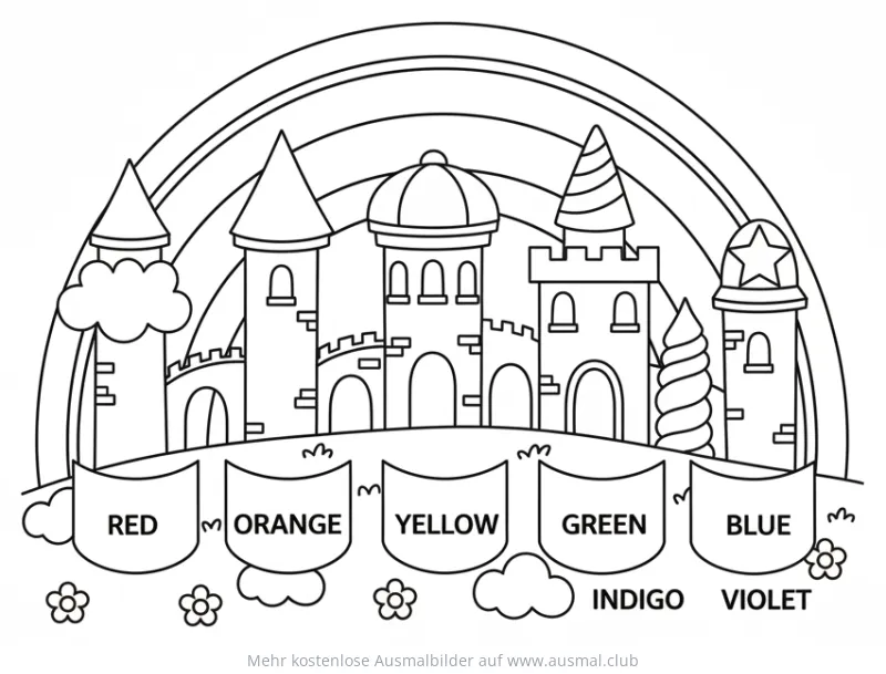 Regenbogenburg mit Farbfeldern Ausmalbild